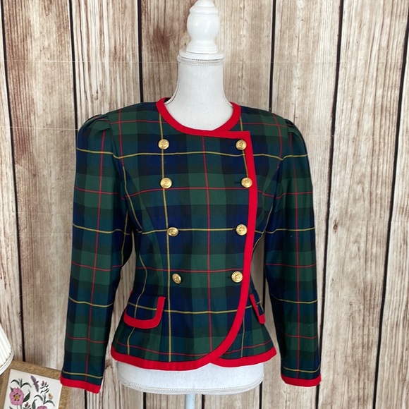 Maggy Boutique Jackets & Blazers - Vintage Maggy Boutique Blue/Green Plaid Jacket w/Red Trim & Gold Buttons